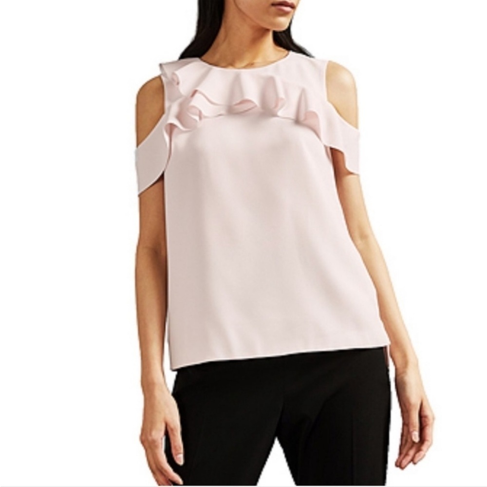 Ted Baker Honourr Asymmetrical Frill Detail Top Nude Pink NWT Size 4 US 10 Large
